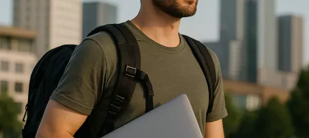 digital nomad med ryggsäck och laptop redo att flytta